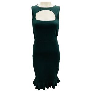 M MISSONI GREEN CUT OUT DETAIL RUFFLED HEM SLEEVELESS STRETCH JERSEY MIDI DRESS